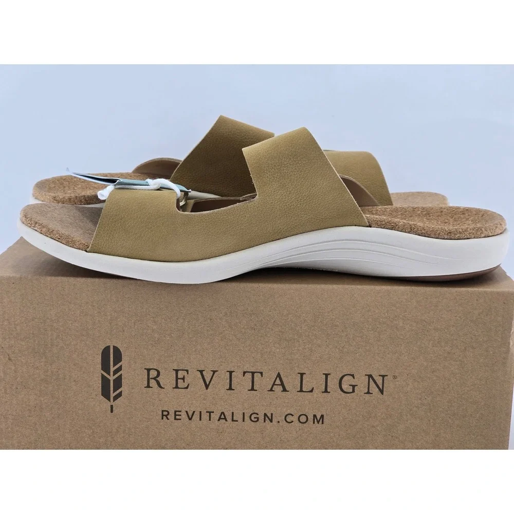 Revitalign Paxton Slide Sandals Mens 13EE Tan Leather Buckle -New